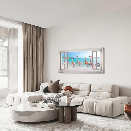 Flamingo Beach Ocean Large Wall Art Coastal Pictures Wall Decor Pink Flamingos Landscape 3d Window Big Canvas Prints Framed Modern Painting Artwork for Hotel Bathroom Living Room Office 60x30