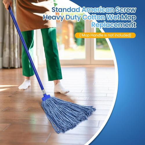 Matthew Cleaning Screw-on Heavy Duty Cotton Wet Mop Replacement Heads(Blue, Medium,3Pack) for Residential & Commercial Floor Cleaning Use- Fit Standard American Screw