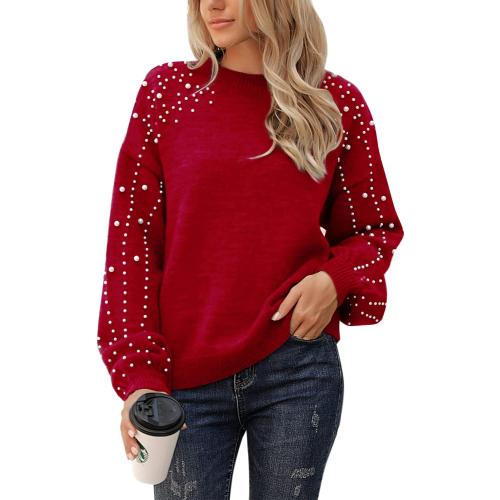 Size XL Blooming Jelly Women's Chunky Sweater Crewneck Sweatshirt Knit Lantern Sleeve Oversized Pullover Sweater with Pearls