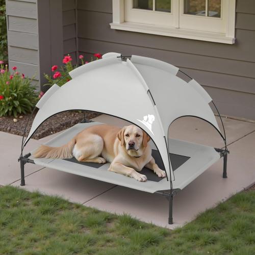 GOJOOASIS Outdoor Dog Bed with Canopy, Waterproof Outside Dog Cots Pet Bed with Removable Canopy Tent, Cat Bed Shelter, Lifted Camping Pet Bed for Medium Dogs (Grey)