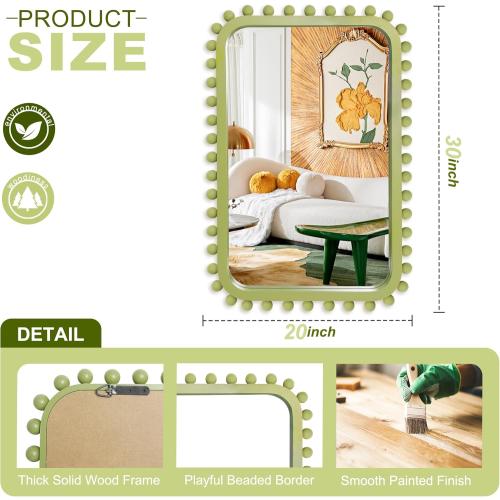 Bathroom Mirror for Wall with Wooden Beaded, 30x20 Rectangular Solid Wood Vanity Mirror for Farmhouse, Bathroom, Bedroom Decor(Green)