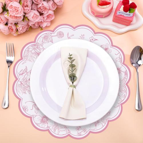 60 Pcs Pink Floral Paper Placemat, 13.5 Inch Disposable Scalloped Table Mat