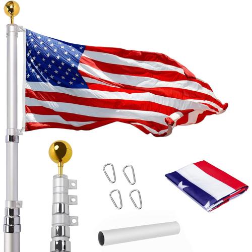 16Ft Telescopic Flag Pole Kit, Heavy Duty Aluminum Telescoping Flagpole, Outdoor Inground Flag Poles with 3x5 American Flag and Golden Ball Top for Commercial, Residential U