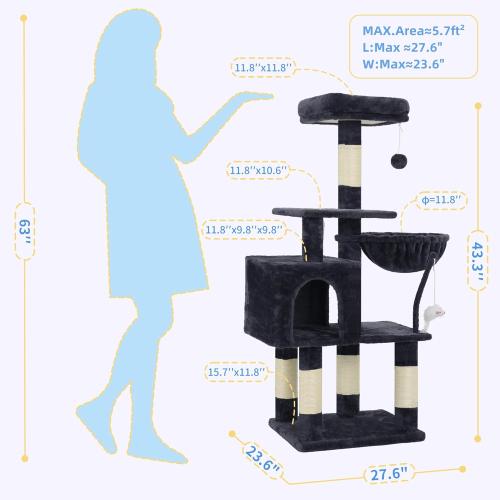 Heybly Cat Tree with Toy, Cat Tower Condo for Indoor Cats, Cat House with Padded Plush Perch, Cozy Hammock and Sisal Scratching Posts, Smoky Gray HCT004SG