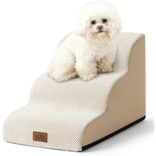 Dog Stairs for Small Dogs 15.7 H, Curved Dog Step for Puppy, Older Cat, Medium Pet Ramp for Sofa, Couch or Chair, Ladder with High Density Foam, 3 Step, 15.7x22.4x15.7 inch, Beige