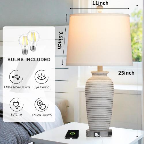 CINSARY 25 Farmhouse Jar Table Lamps Set of 2, 3 Way Touch Control Rustic Bedside Lamps with USB A C Ports & AC Outlet, Pot Nightstand Lamps for Bedroom Living Room (LED Bulbs Included)