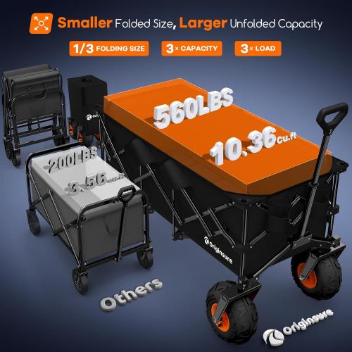 48L Collapsible Beach Wagon with Big 10 Balloon Wheels for Sand, 560lbs Weight Capacity 300L Wagons Carts Foldable Heavy Duty with All Terrain Tires, Folding Cart for Camping, Grocery, Sport - Black