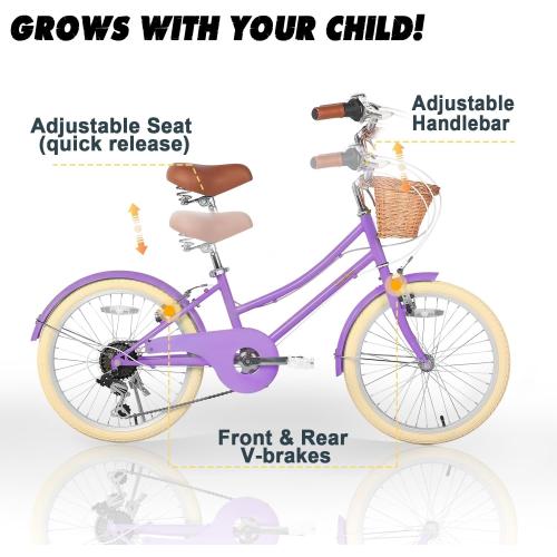 Color purple Glerc 20 24 26 Inch Beach Cruiser Bike, 6-Speed Hybrid City Bicycle for Girls Youth and Over 6 Years Old, Missy Bike with Wicker Basket & Lightweight, Multiple Colors