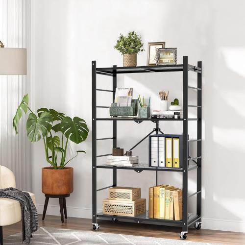 Size 4 tier Color Black  Storage Shelves with 20 Hooks, 4-Tier Foldable Shelves for Storage, Folding Shelf Unit Pantry Shelves with Wheels, Metal Shelving Storage Rack Shelf for Kitchen Garage Home, Black - No Assembly