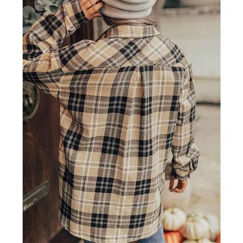 Size M Womens Long Sleeve Button Down Shirt Business Collared Blouse Tops Casual Plaid Flannel Shirt with Pocket