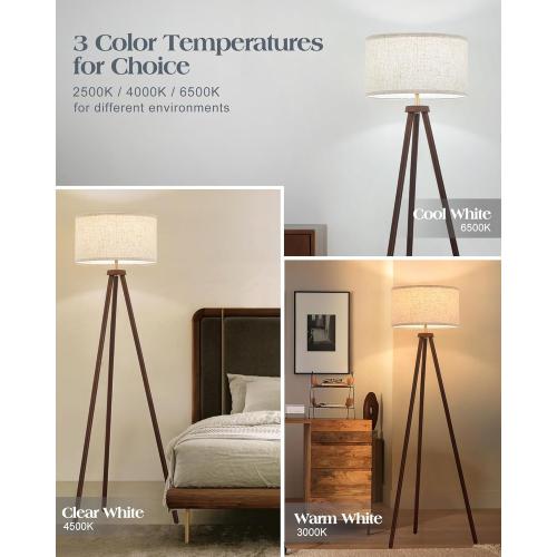 ELYONA Wood Tripod Floor Lamp Brushed Brass Metal & 3 Color Temperatures LED Bulb Vintage Wooded Standing Lamp Industrial Tall Light for Living Room Bedroom Office Beige Linen Shade Dark Brown & Gold
