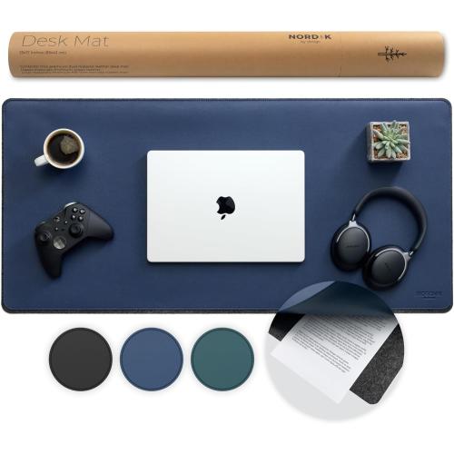 Nordik Felt and Leather Desk Mat Non-Slip - Blue - 35 X 17 Inch - Felt and Vegan Leather Desk Pad - Document Organizers - Desk Blotter and Desktop Mat - Desk Protector Laptop Desk Matt for Desktop