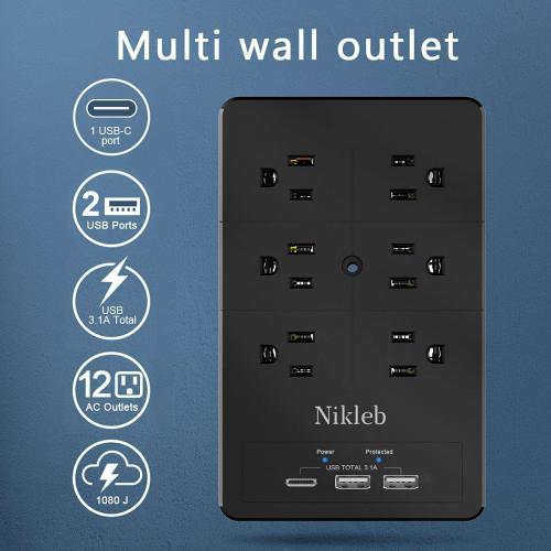 Multi Plug Outlet Extender Nikleb, Surge Protector 12 Outlets, Wall Plug with 2 USB  USB C Ports Total 3.1A, Charger Blocks Wall Mount, Outlet Splitter Heavy Duty for Home, Office, Garage Improvement