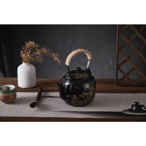 DUJUST Traditional Japanese Tea Pot, Black Porcelain Chinese Teapot with Stainless Infuser, Beautiful Asian Teapot for Adults, Tea Lover/Women/Men (Countryside in Golden)