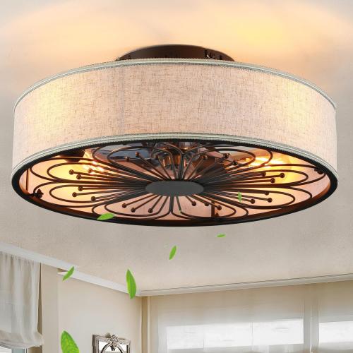 20 Boho Rattan Caged Ceiling Fan with Light,Low Profile Flush Mount Bladeless Ceiling Fan with Remote Control, 6 Speeds Reversible Silent Motor, Farmhouse Fabric Fandalier for Bedroom,Living Room