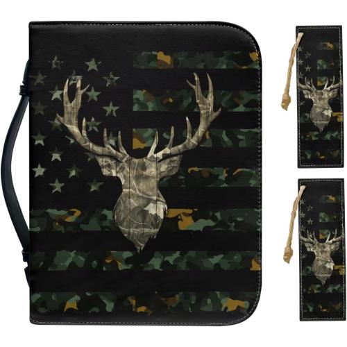 Camo Leaf American Flag Antler Print PU Leather Bible Cover Zippered Church Bible Bag with 2 Pcs Bookmarks Book Carrying Case Bible Holder for Prayer Study Book Carrier, M