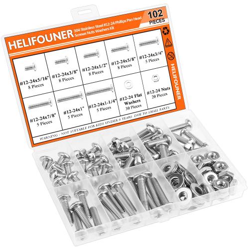 HELIFOUNER 102 Pieces #12-24 Phillips Pan Head Machine Screws Nuts Washers Assortment Kit, Coarse Thread, Fully Machine Threaded, 304 Stainless Steel
