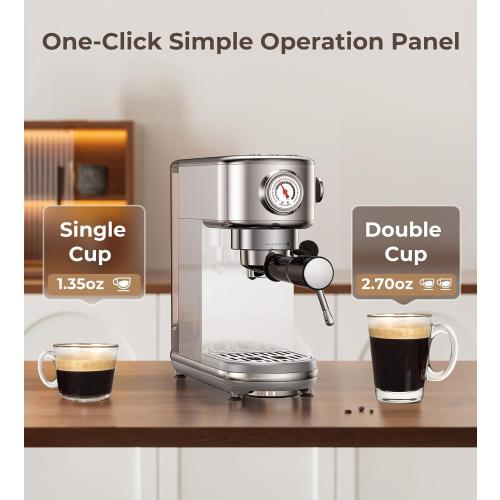 Espresso Machine with Milk Frother, 20 Bar Pressure Espresso Maker, with 44OZ Removable Tank, Compact Stainless Steel Coffee Machine for Home, Office, Latte, Cappuccino, Macchiato, Silver