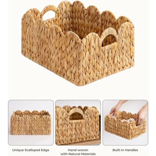 StorageWorks Scalloped Edge Wicker Basket, Hand-woven Rattan Baskets with Built-in Handles, Water Hyacinth Basket for Organizing and Decor, 2 Pack