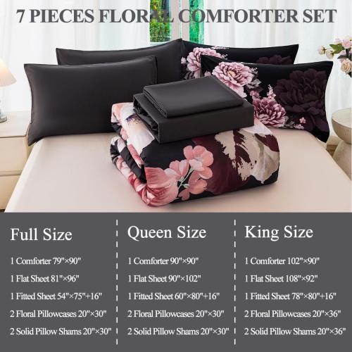 Black-Gray Floral Comforter Set Queen Size 7 Pieces Peony Bed in A Bag Ornate Elegant Botanical Flower Bedding Set for Women Home Decor(Black-Gray, Queen)