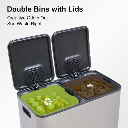 DUMOS 2 x 10.5 Gallon Kitchen Trash Can with Lid, Stainless Steel Garbage Can with Soft-Close Lid & Removable Inner Buckets, Dual Compartment Step-on Waste Bins for Kitchen, Home Office