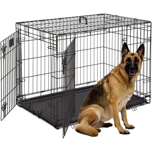 Large Dog Crate, 48 Inch Dog Cage Dual Door Metal Dog Cage with Divider Panel, Leak-Proof Pan, Indoor Outdoor Folding Pet Dog Kennel for Large Pet Animals