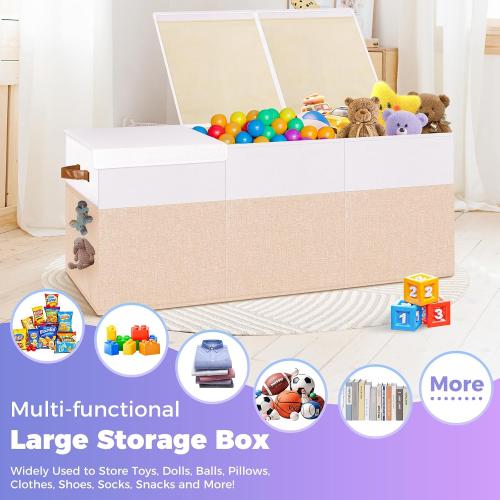 Extra Large Toy Storage Box with Lid, Collapsible Sturdy Toys Chest Storage Organizer Bin Basket with Divider for Kids, Boys, Girls, Closet, Playroom, Bedroom, Nursery, 40X14X16, Beige & White