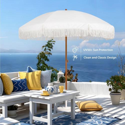 AMMSUN 7ft Patio Umbrella with Fringe Outdoor Tassel Umbrella UPF50  Premium Steel Pole and Ribs Push Button Tilt, Cream White