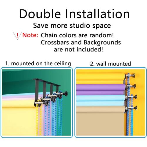 Photography Backdrop Wall Mount Roller System 4 Support Rollers, Manual Photo Background Ceiling Holder, Including 2 Four-fold Hooks, 8 Expand Bars, 4 Chains, for Home Studio Live Shooting