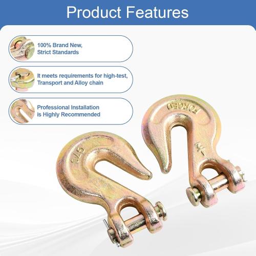 1/2 Inch 2Pcs Clevis Grab Hooks Grade 70 Chain Hook 12000 Lbs Working Load Limit for Trailer Truck Transport, Yellow Zinc Finish