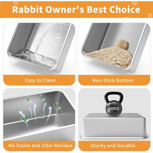 XXL Rabbit Litter Box, 23.6 L x 15.7 W x 12.4 H Stainless Steel Rabbit Litter Box with Lid, Hay Feeder with Hooks, Footed Metal Grid, Easy to Clean for Medium and Large Rabbits