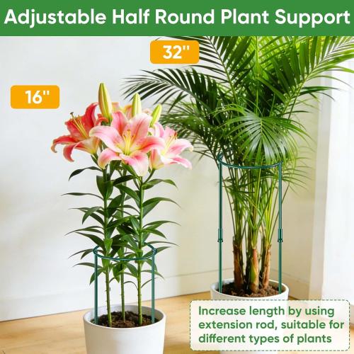 6 Pack 32 or 16 inch Adjustable Plant Support Stakes, Heavy-Duty Half Round Peony Support, Garden Plant Stakes Cage for Outdoor Plants, Peony, Tomato, Hydrangea, (16In Support  16In Extension Tubes)