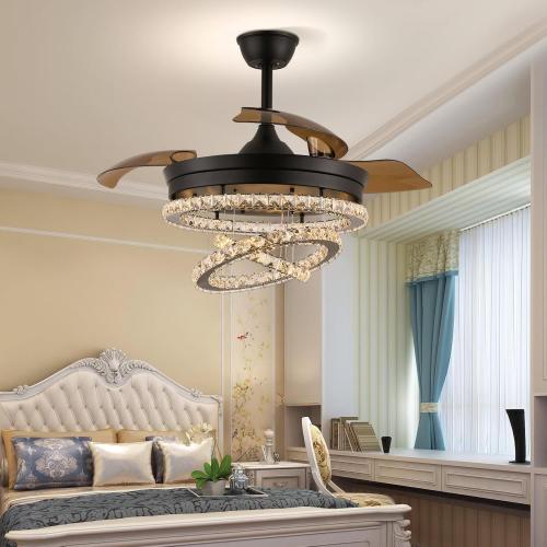 42 Black Dimmable LED Fandeliers Crystal Chandelier Ceiling Fan with Lights Modern Invisible Crystal Fan 3 LED Color Change with Memory Function