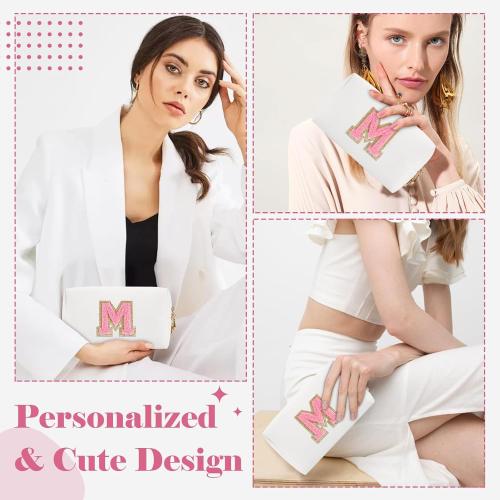 Personalized Makeup Bag Initial A-Z Preppy Patch Bag,Small PU Leather Travel Cosmetic Bag Pouch with Zipper,White Cute Toiletry Bag,Gift Ideal for Teen Girls Women Birthday Friend Mom,Letter M
