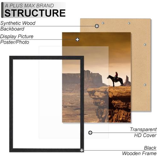 A PLUS MAX 20x26 Picture Frame, Black Engineered Wood Frame for 20 x 26 Inch Picture Poster Photo, Light Weight 20 by 26 Frame with Wood-grain for Wall - 1 Pack/Black/20 x26