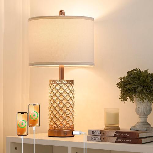 Crystal Table Lamps Modern 3-Way Dimmable Bedside Lamp with 2 USB Ports & AC Outlets for Living Room Bedroom Nightstand Lamp Night Light (Rose Gold-2 Pack 24In)