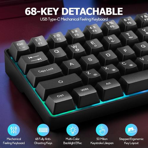 Guiheng Wired Portable 60% Mechanical Feeling Gaming Keyboard,RGB LED Backlit Compact 68 Keys Mini Wired Office Keyboard with Red Switch for Windows Laptop PC Mac - Black