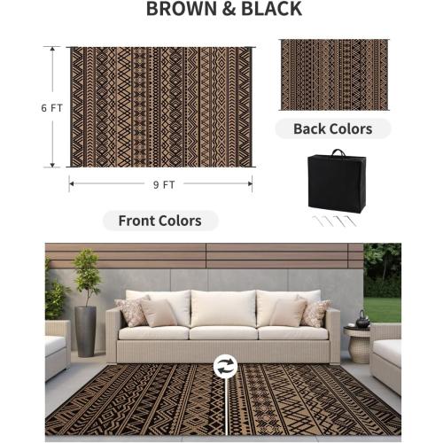 MontVoo-Outdoor Rug Carpet Waterproof Reversible Patio Rug RV Camping Rug-Plastic Straw Rug Outside Indoor Outdoor Area Rug for Patio Deck Balcony Picnic Beach Outdoor Decor Boho Black Brown