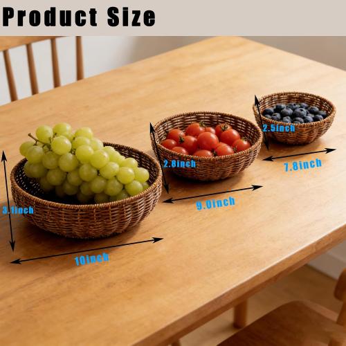 Set of 3 Small Round Wicker Baskets, Fruit Bread Baskets for Serving, Handwoven Rattan Bowl Storage Organizer for Kitchen Brown