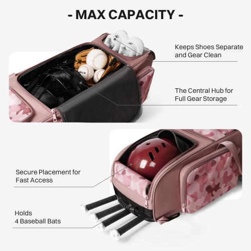 AUROTIER Large Rolling Baseball Catchers Gear Bag with Wheels, Wheeled Softball Bag for 4 Bats with Fence Hooks Waterproof Pocket Shoe Compartment for T-Ball Adult, Baseball Equipment Duffle Bag