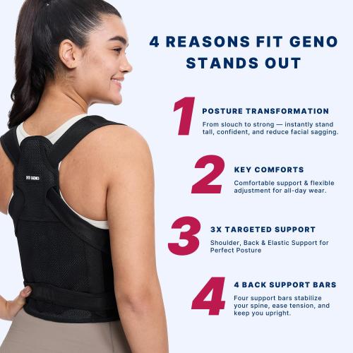 Fit Geno Back Brace Posture Corrector for Women and Men, Shoulder Straightener, Adjustable Full Back Support, Upper and Lower Back Pain Relief - Scoliosis, Hunchback, Hump, Thoracic, Spine Corrector