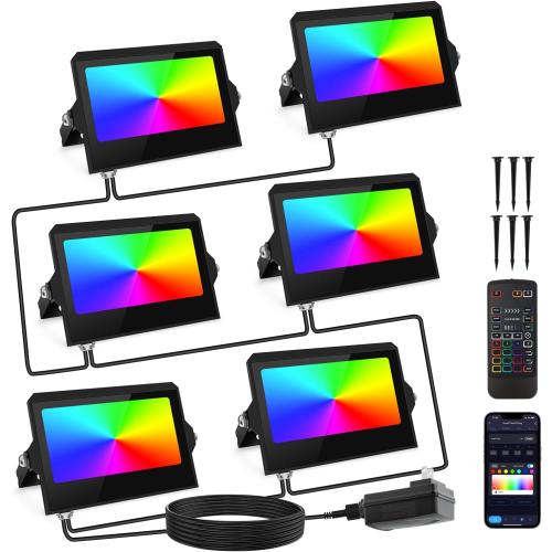 YAYZA! LED Flood Lights Outdoor 42W 4000LM, RGBW Smart Color Changing Floodlight with App/Remote/Voice Control, 3000K Dimmable Bright White Light Compatible with Alexa for Outdoor Decorations (6Pack)