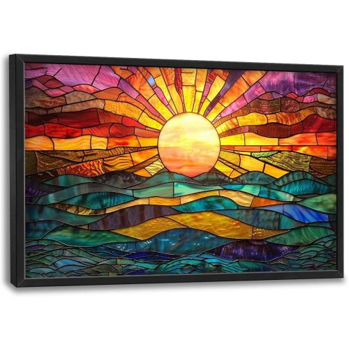 Quorin Boho Sun Large Wall Art Colorful Pictures Abstract Geometric Sun Sunset Sea Wall Decor Modern Canvas Print Painting Artwork for Bathroom Living Room Bedroom 36L x 24W