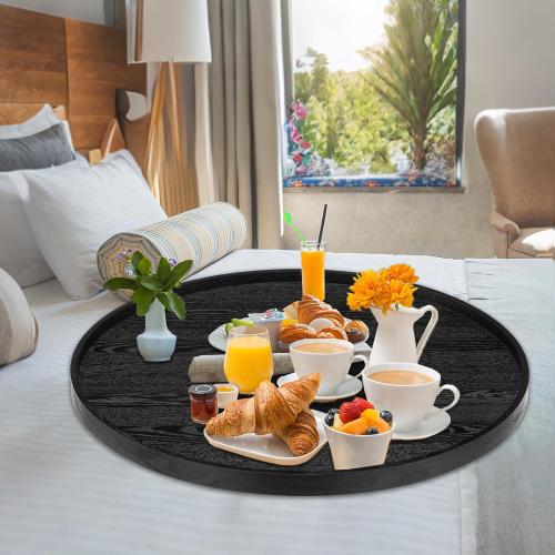 30 inch Round Solid Wood Serving Tray Extra Large Tea Coffee Snack Food Meals Serving Plate Non-Slip Kitchen Party Bar Server Ottoman Tray Breakfast Tray with Raised Edges Black