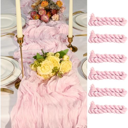 7 Pack Light Pink Cheesecloth Table Runners 35x120 Inch, Wide Pleated Boho Gauze Runner for Wedding Baby Shower Birthday Party, Semi-Sheer Rustic Table Decor