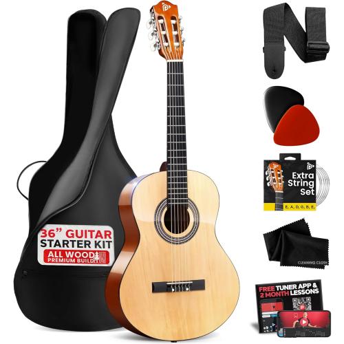 Pyle Beginner Acoustic Guitar Kit, 3/4 Junior Size All Wood Instrument with Full Accessory Kit, Picks, Shoulder Strap, Carry Case, Cleaning Cloth, Tuner App, 2 Month Lessons, 36” (Ash Gloss)