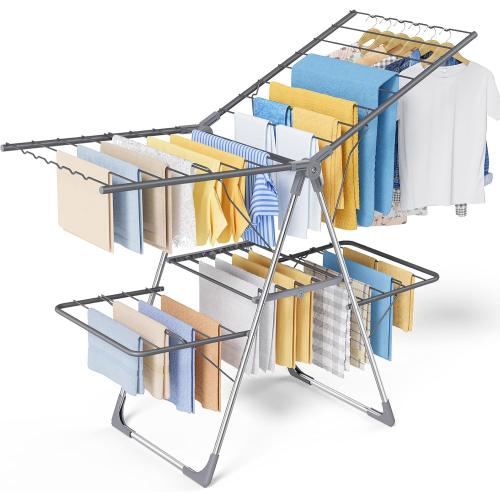 Sakugi Clothes Drying Rack, Foldable 2-Level Laundry Drying Rack with Height-Adjustable Wings, for Clothing & Bedding, Free-Standing Space-Saving Rack, Indoor & Outdoor, 55.5 L × 22.8 W, Gray