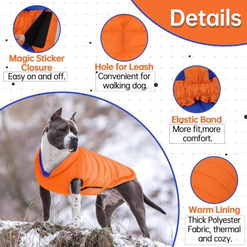 Lelepet Reversible Large Dog Coat Waterproof Dog Jacket Windproof Puffer Vest for Winter Warm Lightweight Coats for Medium Dogs Adjustbale Hook & Loop Pet Apparel with Leash Hole, French Bulldog, Orange, L