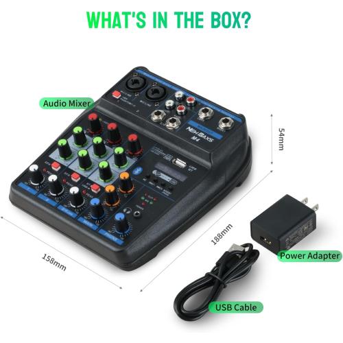 DJ Audio Mixer, DJ Mixers 4 Channel Sound Board with Bluetooth, NEW BAXS Sound Mixer Board XLR/1/4 Interface, USB/MP3 Computer Input 48V Phantom Power Stereo DJ Studio Streaming KTV Stage
