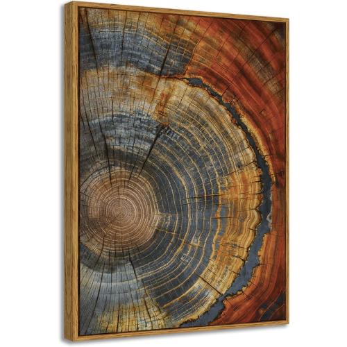 BingruiArt Faux Wood Tree Ring 03 Canvas Wall Art 12x16 Framed | Boho Abstract Nature Wall Decor, Red and Gold Abstract Wood Grain Print, Living Room Bedroom Bathroom or Office